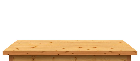 Empty wooden tabletop isolated on white background. For your product placement or montage with focus to the table top in the foreground. Empty pine wooden shelf. shelves