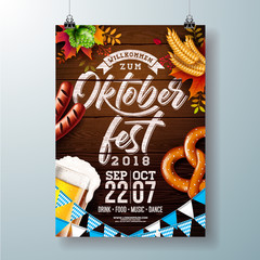 Oktoberfest party poster vector illustration with typography letter, fresh beer, pretzel, sausage and falling autumn leaves on wood texture background. Celebration flyer template for traditional