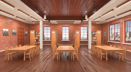 Reading hall interior. 3D illustration