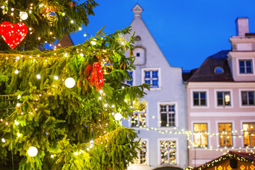 Traditional Christmas market in Europe. Christmas fair concept