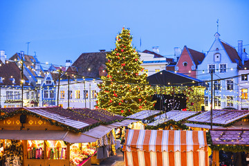Traditional Christmas market in Europe. Tallinn, Estonia. Christmas fair concept.