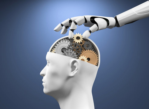 3D Illustration Roboterhand Kopf mit Zahnr&auml;der