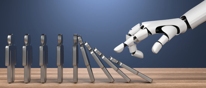 3D Illustration Roboterhand Menschen als Domino