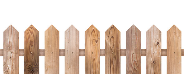 Brown wooden fence isolated on white background with parallel plank old. Object with clipping path