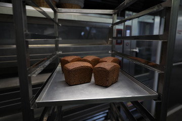 Fresh bread on a baking sheet after cooking in the oven in the bakery