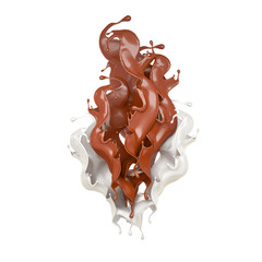 Milk and chocolate splash, liquid. 3d illustration, 3d rendering.