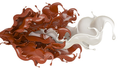 Milk and chocolate splash, liquid. 3d illustration, 3d rendering.