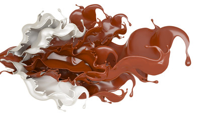 Milk and chocolate splash, liquid. 3d illustration, 3d rendering.