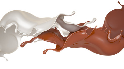Milk and chocolate splash, liquid. 3d illustration, 3d rendering.