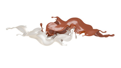 Milk and chocolate splash, liquid. 3d illustration, 3d rendering.