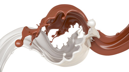 Milk and chocolate splash, liquid. 3d illustration, 3d rendering.
