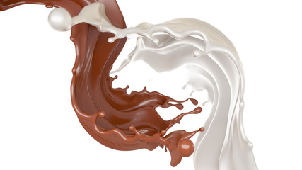 Milk and chocolate splash, liquid. 3d illustration, 3d rendering.