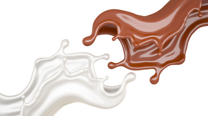 Milk and chocolate splash, liquid. 3d illustration, 3d rendering.