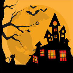 Halloween banner, Cute black cat with a spooky house