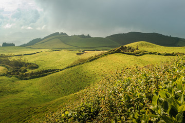 Wonderful hills and fields landscape in Sao Miguel, Azores Islands