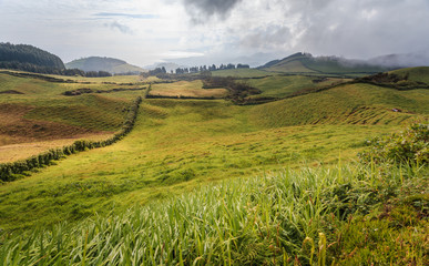 Wonderful hills and fields landscape in Sao Miguel, Azores Islands