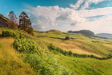 Wonderful hills and fields landscape in Sao Miguel, Azores Islands