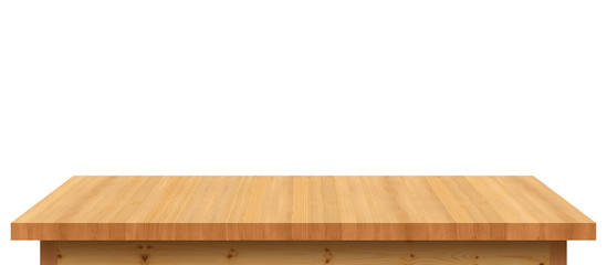 Empty wooden tabletop isolated on white background. For your product placement or montage with focus to the table top in the foreground. Empty pine wooden shelf. shelves