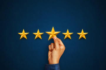 Hand of client giving a five star rating. Service rating, satisfaction concept