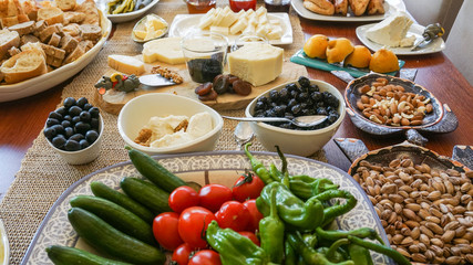 Turkish breakfast on wooden table