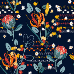 Vintage background. Wallpaper.  Hand drawn. Vector illustration. Trendy floral pattern. Isolated seamless pattern.