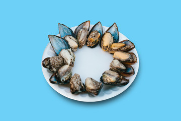 Delicious oyster food with rice on a plate on a blue background. Sea food.