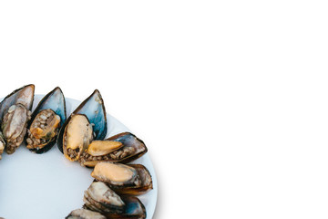 Close-up. Delicious oyster food with rice on a plate on a white background. Sea food.