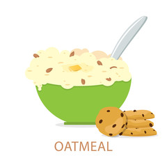 Healthy breakfast. Vector illustration. Oatmeals, oat flakes with milk.