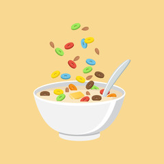 Healthy breakfast. Vector illustration. Oatmeals, oat flakes with milk.