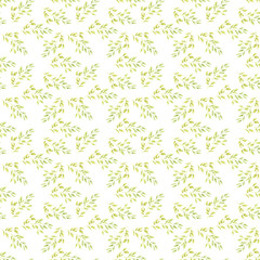 Watercolor seamless pattern with green leaves twig. Branches on white background.