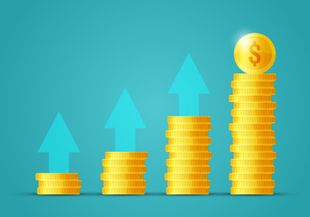 Bitcoin growth concept. Stacks of gold coins like income graph with bitcoin. Vector illustration isolated on colored background