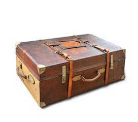 Old leather suitcase, isolated on white background