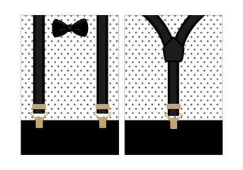 Little man/gentleman birthday party (baby shower, father's day) invite card. Vector vintage bow tie and suspenders. Front and back side. Black, white and gold - classic shirt with polka dots pattern.