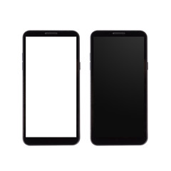 Two smart phones with black and whie screens isolated on white background.