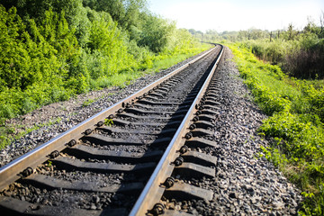 Fototapeta premium Rail tracks in the green field. Railway transport industry. Empty road on summer day. Travel lifestyle motivation photo.
