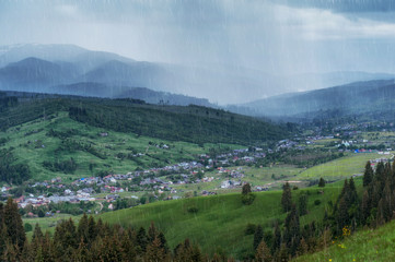 autumn landscape, rain in mountains