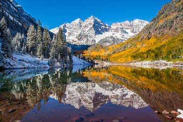 Maroon Bells in fall foliage after snow storm in Aspen,  Colorado