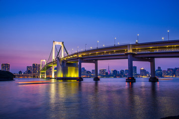 Fototapeta na wymiar Tokyo skyline and rainbow bridge at night in Odaiba waterfront