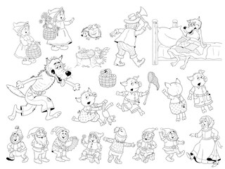 Set of cute fairy tale characters isolated on white. Coloring book. Coloring page. Cartoon