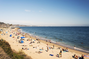 Fototapeta na wymiar High angle view of Malibu beach and people in California in summer time