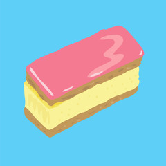 Dutch pastry, called Tompouce or Tompoes, with puff pastry, custard and pink icing. Light blue background.