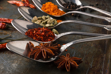 large assortment of spicy spices in spoons on dark background