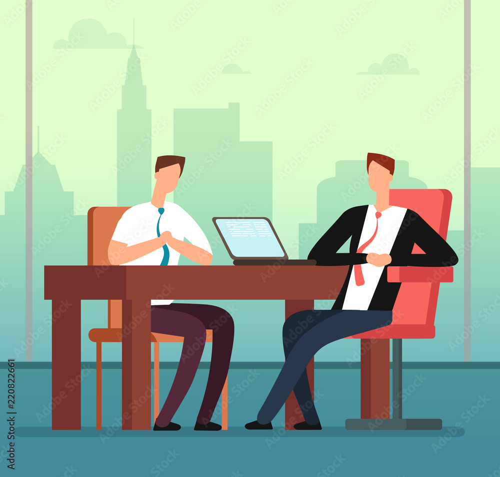 Wall mural Employee man and interviewer boss meeting in office. Job interview and recruitment vector cartoon concept. Meeting employee, interview and recruitment illustration