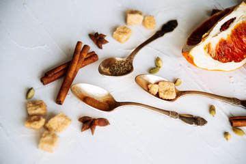 Celebrate new year winter evening with hot drink. Mulled wine or grog ingredients. White background...
