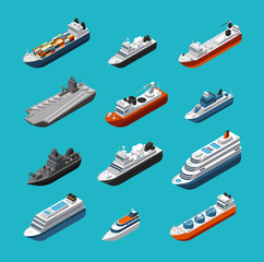Obraz premium Passenger and cargo ships, sailing boats, yachts and vessels isometric vector transportation icons isolated. Liner and tugboat, tanker shipping, steamboat illustration