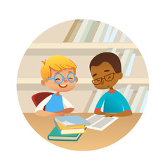 Smiling multiracial boys reading books and talking to each other at school library. School kids discussing literature in round frames. Cartoon vector illustration for banner, poster.