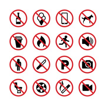 Prohibited signs. Forbidden vector icons. Collection of ban and stop mark illustration