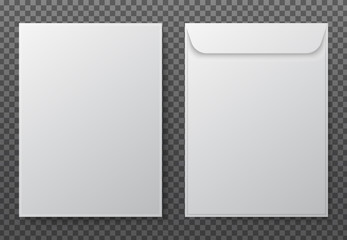 Envelope a4. Paper white blank letter envelopes for vertical document. Vector mockup isolated on transparent background. Envelope office mockup, paper letter mail illustration