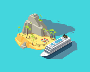 Isometric island. Paradise in ocean. 3d beach in sea. Summer holiday vector concept. Palm and beach, tropical island travel, summer paradise illustration © MicroOne