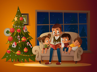 Grandfather sitting with grandchildren on a cozy sofa with the book, near Christmas tree. Reading and telling book fairy tale story. Boys and girl listen to him. Vector illustration. Cozy evening